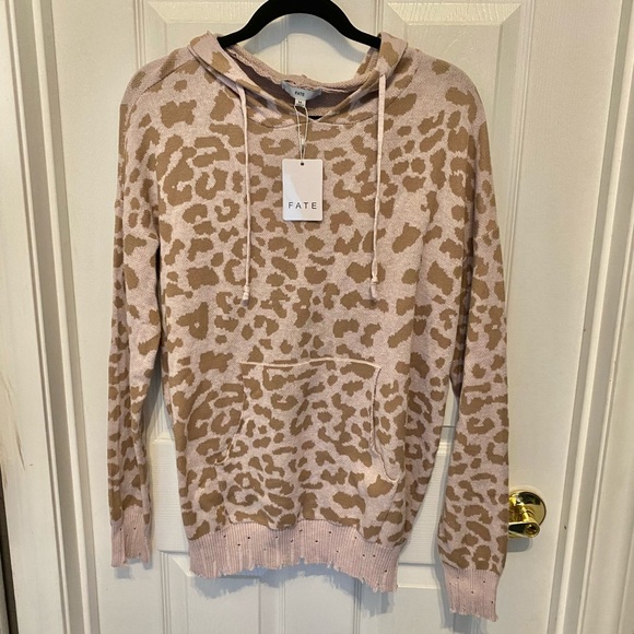 FATE DISTRESSED LEOPARD HOODED SWEATER Medium NWT - Picture 4 of 4